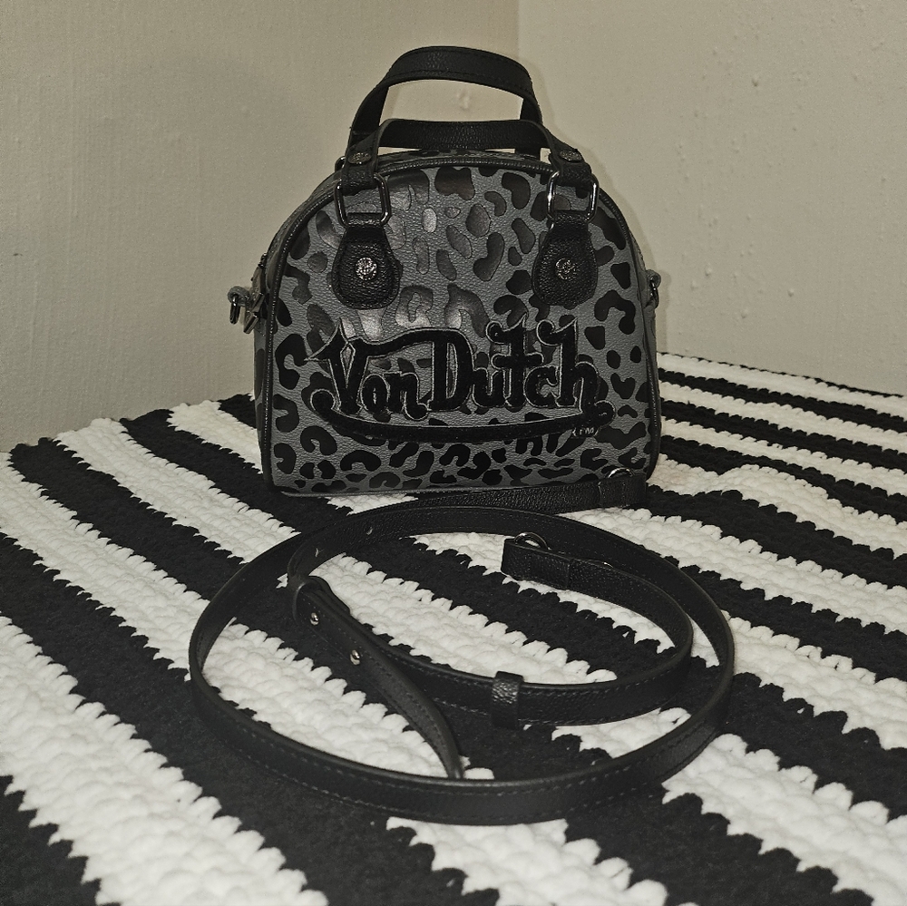 Von Dutch Leopard Print Mini Bag in Black and Gray